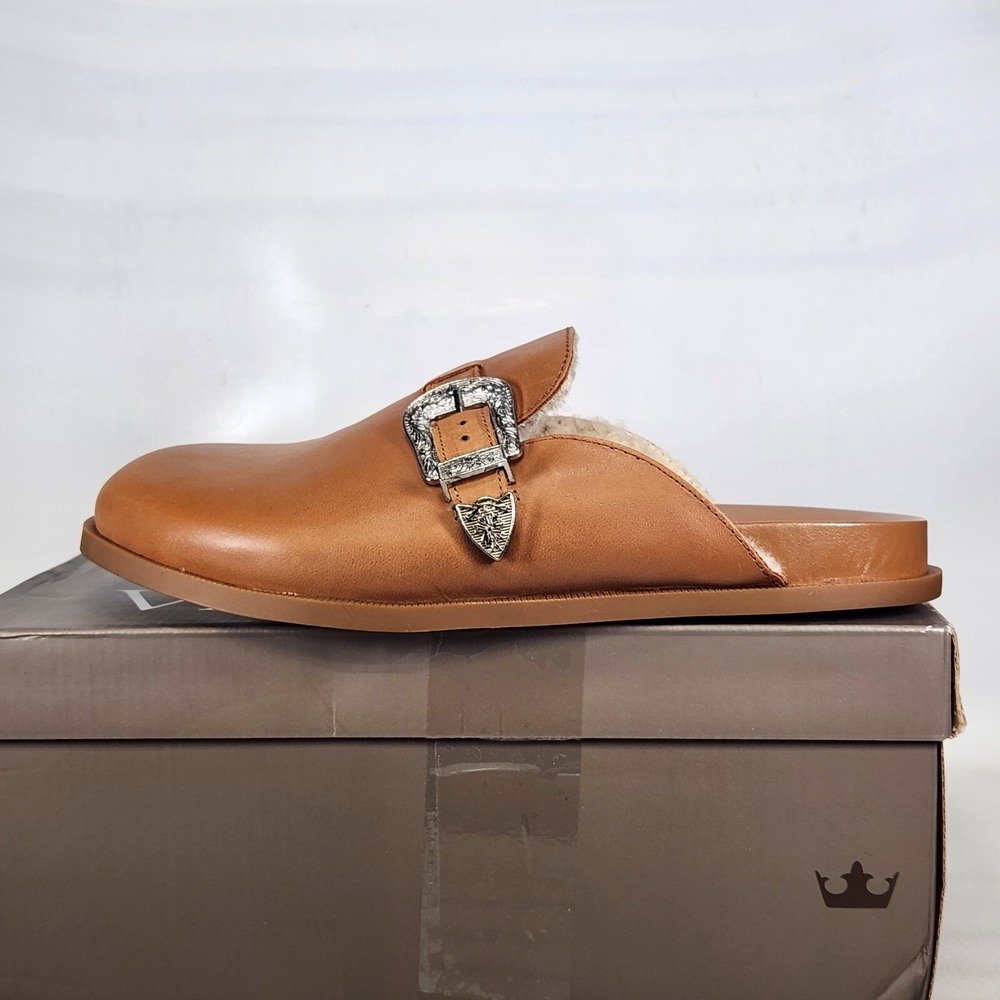 Crown Vintage Mules Women Size 10 Elm Brown Western Buckle Faux Fur Lined Flat